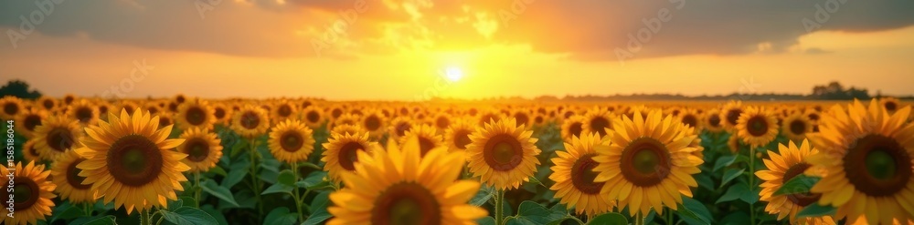 Fototapeta premium Massive sunflower field, heads tilting towards sun's rays , photography, rural, botanical