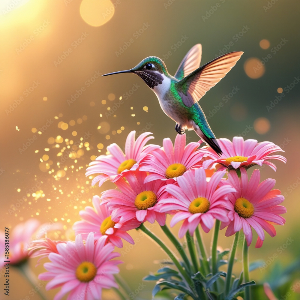 Fototapeta premium Hummingbird hovering among pink daisies in soft sunset light. 