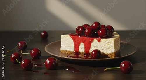 Cheesecake with cherry topping, on a plate with cherries scattered around