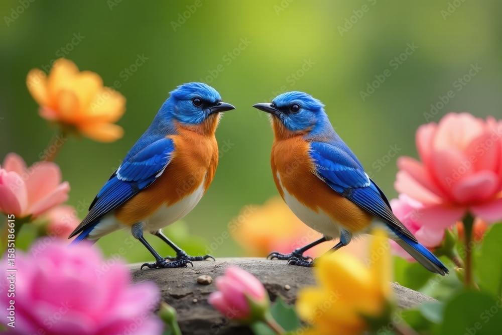 Fototapeta premium Pair of Eastern Bluebirds perched amidst colorful spring blooms , mating season, photography, wildlife photography