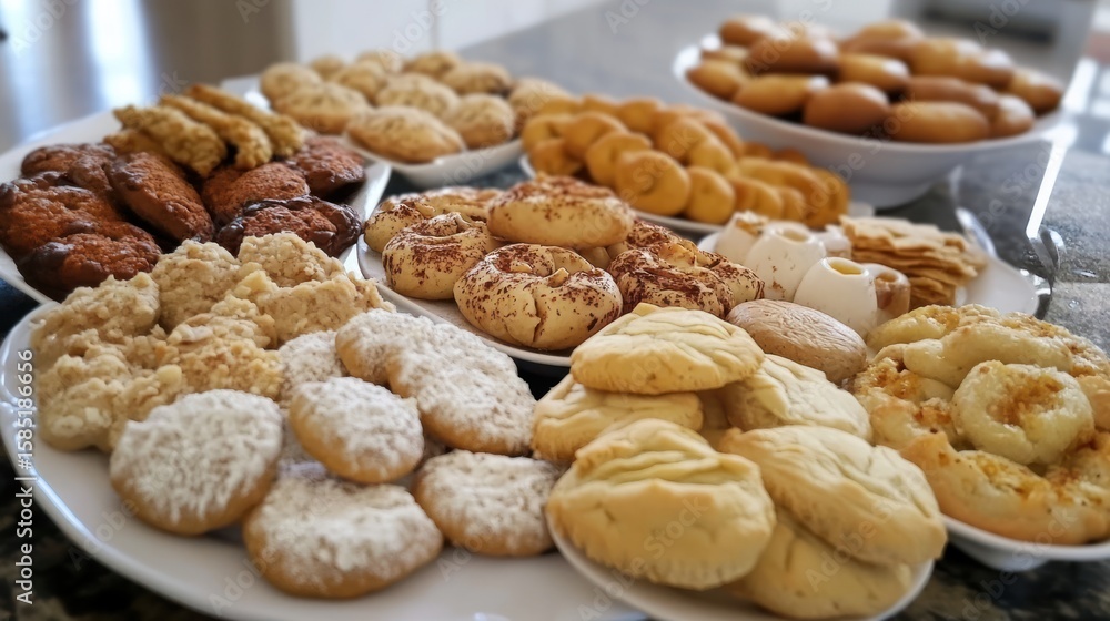 Naklejka premium Assorted cookies displayed on platters.