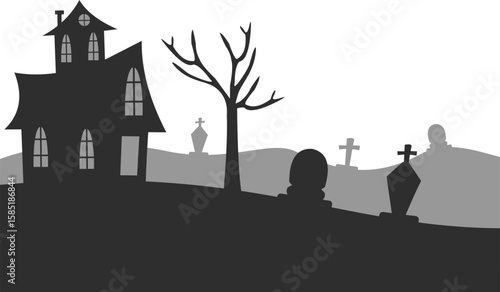 Halloween Castle with Graveyard and Tree Branches Illustration