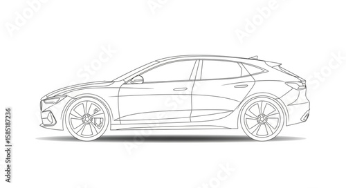 Side view line drawing of a sleek modern car with detailed wheels and aerodynamic design elements shown