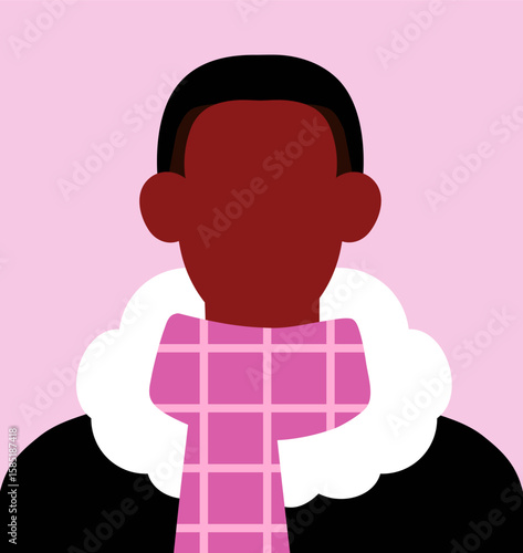Faceless black man, abstract portrait, blank face, head avatar. African male character in scarf, poster in minimalistic modern trendy style. Unknown person, user profile. Flat vector illustration