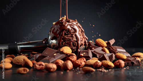 Chocolate ice cream and Nut Delight: Delicious chocolate ice cream, meticulously captured, drizzled with rich chocolate sauce and nestled amidst an assortment of nuts and chunks of chocolate.