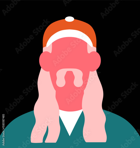 Abstract man with mustache and long hair, modern faceless portrait, head avatar. American male character, face in baseball cap in minimal style, user profile, poster. Flat vector illustration