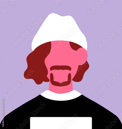 Abstract young man portrait in beanie hat. Faceless male character with beard and moustache, casual style, modern look. Person poster, head avatar, trendy user profile. Flat vector illustration