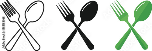 Three variations of crossed fork and spoon icons on a white background