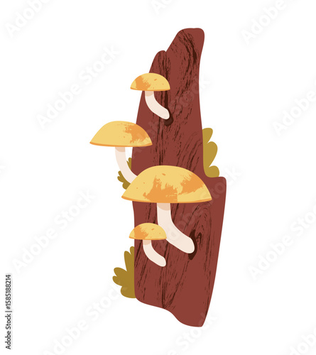 Mushrooms on a mossy forest stump. Autumn harvest, wild nature, and cozy woodland. Flat vector illustration.