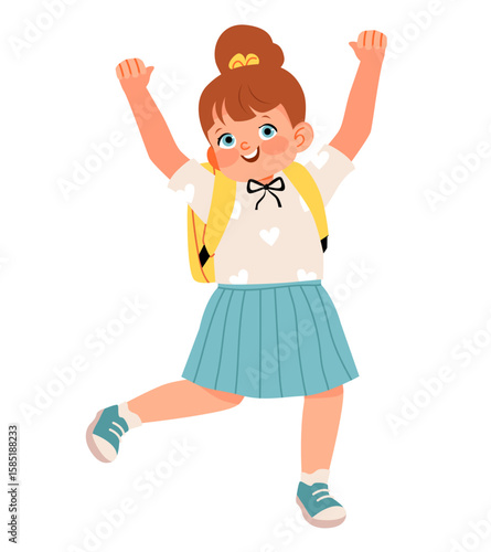 Happy schoolgirl character illustration. Back to school flat vector illustration featuring cheerful schoolchildren with backpacks. Educational content.