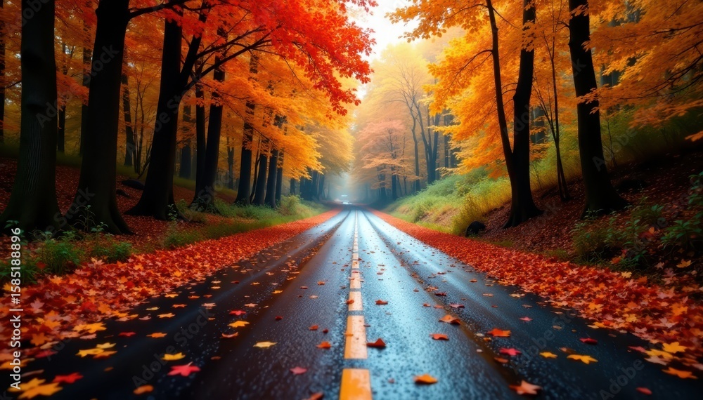 Fototapeta premium Wet asphalt road, vibrant autumn leaves falling, forest , autumn, photo