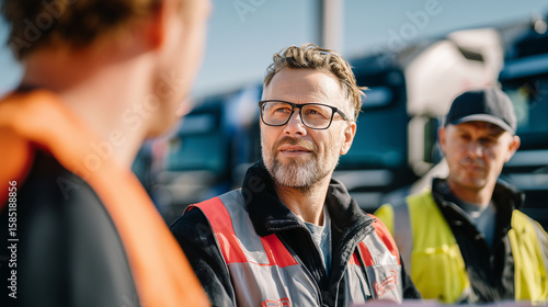 Logistics coordinator looks optimistic while discussing shipment details with colleagues, appearing confident in delivery process