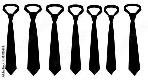 Seven black ties in silhouette on white background, varying knots and widths