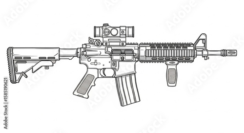 A detailed line drawing of an ar rifle with a sight and vertical grip on a white background image