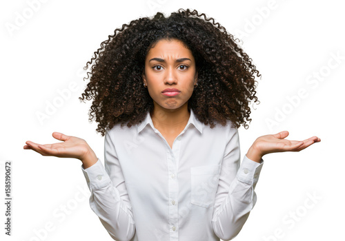 A young woman with curly hair shrugs with her hands open, expressing confusion or indifference isolated on transparent background