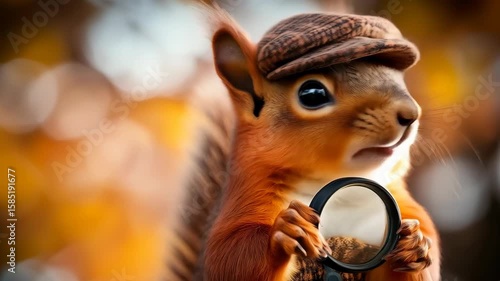 A charming squirrel detective, complete with cap and magnifying glass, investigates a mystery. The animal sleuth is set against a backdrop of autumnal leaves.