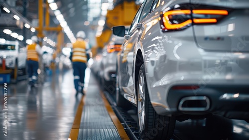 Wallpaper Mural Busy factory interior with workers assembling modern cars in safety gear. Torontodigital.ca