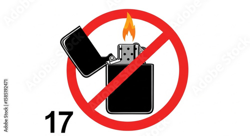 A no lighter symbol with a black and silver lighter with a flame and the number seventeen at the bottom