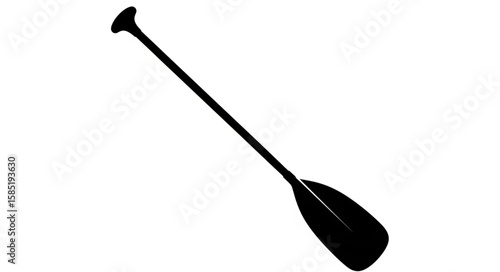 A black and white silhouette of a paddle with a handle and a wide flat blade on a white background