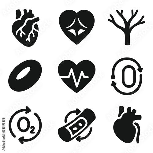 Cardiovascular System Icons. Solid vector icons of cardiovascular system: heart with arteries, heart valves icon, blood vessels