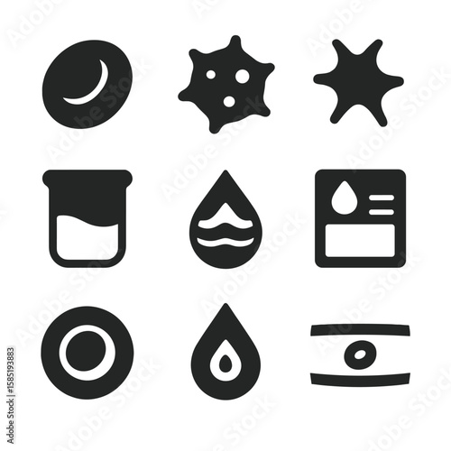Blood Components Icons. Solid vector icons of blood components: red blood cell icon, white blood cell symbol, platelet icon,