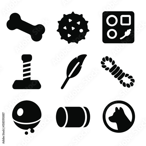 Pet Toy Icons. Solid vector icons of pet toys and enrichment: chew toy bone, squeaky ball icon, interactive puzzle toy, scratching