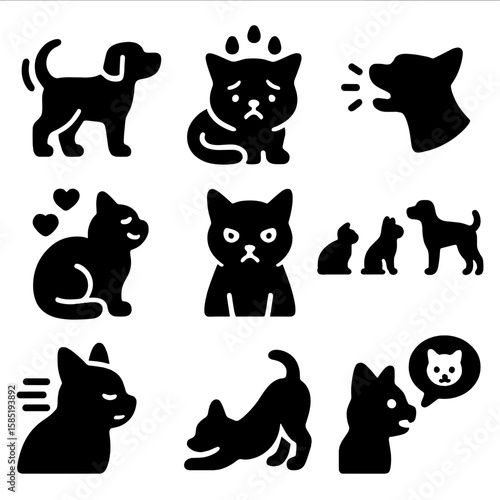 Pet Behavior Icons. Solid vector icons of pet behavior and communication: tail wag icon, pet anxiety symbol, barking icon, happy