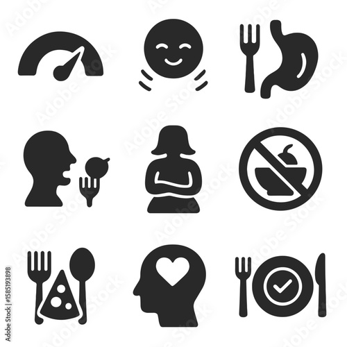Intuitive Eating Icons. Solid style icons of intuitive eating: hunger scale symbol, fullness cue icon, eat when hungry icon,