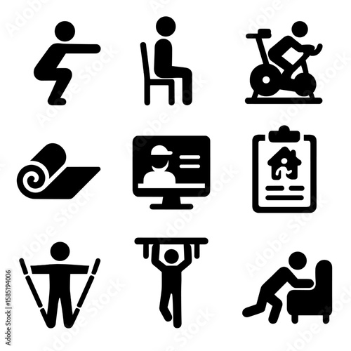 Home Workout Icons. Solid style icons of home workouts: bodyweight squat icon, chair yoga symbol, indoor bike, fitness mat icon,