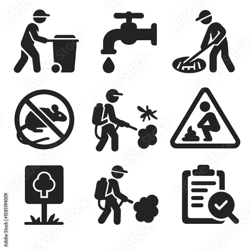 Environmental Sanitation Icons. Solid style icons of environmental sanitation: garbage pickup, clean water source icon, drainage