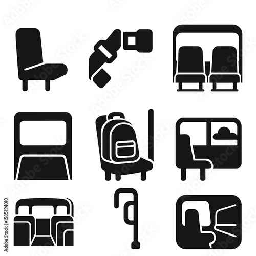 Bus Interior Icons. Solid style icons of bus interior and seating: school bus seat, seatbelt clasp, aisle view icon, front row
