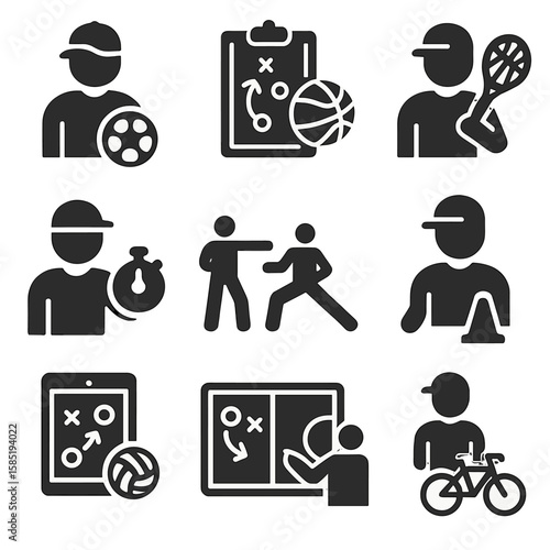 Sports Coaching Icons. Solid vector icons of coaching in different sports: football coach with ball, basketball clipboard, tennis