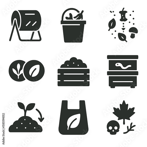 Composting Icons Collection. Solid style icons of composting and biodegradable waste: compost tumbler, food scrap bucket,