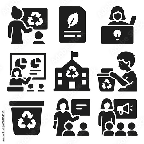 Eco Education Icons. Solid vector icons of education and awareness: recycling lesson, eco flyer icon, green info board, volunteer