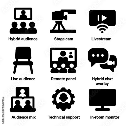 Hybrid Event Icons. Solid vector icons of hybrid and live events: hybrid audience icon, stage cam icon, livestream screen, live