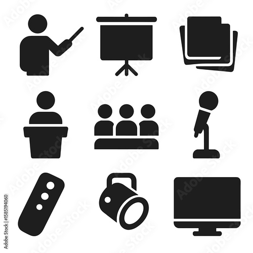 Pitch Presentation Icons. Solid vector icons of pitching and presentation essentials: presenter with pointer, projection screen,