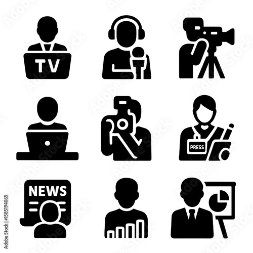 Journalism Career Icons. Solid vector icons of journalism career paths: TV anchor, radio journalist, columnist at desk,
