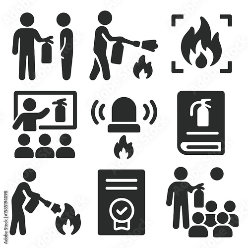 Fire Safety Training. Solid style icons of fire extinguisher training and drills: trainer with extinguisher, student aiming nozzle