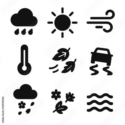 Seasonal Weather Icons. Solid style icons of seasonal weather: spring rain, summer sun, autumn wind, winter snowflake, seasonal