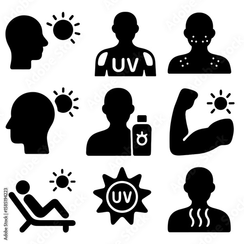 Sun Exposure Zones Icons. Solid vector icons of sun exposure zones: sun hitting face, UV on shoulders, UV-sensitive skin zones,