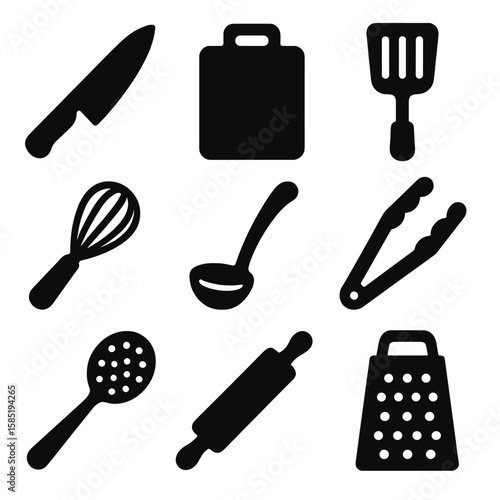 Essential Kitchen Tools. Solid vector icons of essential kitchen tools: chef’s knife, cutting board, spatula, whisk, ladle, tongs,