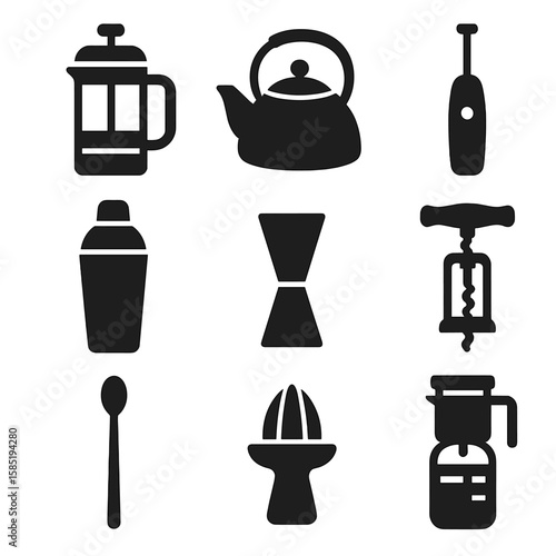 Beverage Tool Icons. Solid vector icons of beverage preparation tools: coffee press, tea kettle, milk frother, cocktail shaker,