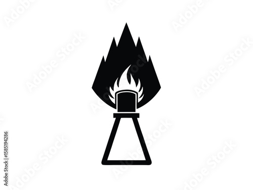 Stylized Black and White Oil Derrick with Flames Icon