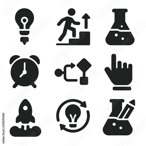 Innovation Icons. Solid style icons of innovation and initiative: launch idea icon, proactive steps icon, experiment lab flask,