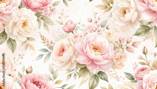 Romantic Peony and Cream Rose Seamless Pattern