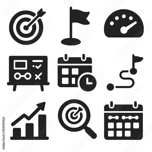 Goal Planning Icons. Solid style icons of goal setting and planning: target with checklist, milestone flag, progress tracker,