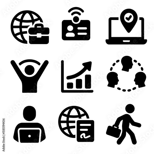 Future of Work Icons. Solid style icons of future of work mobility: globe with briefcase, smart remote badge, anywhere job symbol,