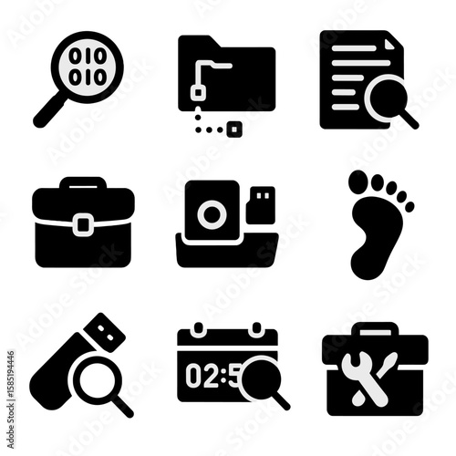 Digital Forensics Icons. Solid style icons of digital forensics: binary magnifier icon, data trace folder, log file search, device