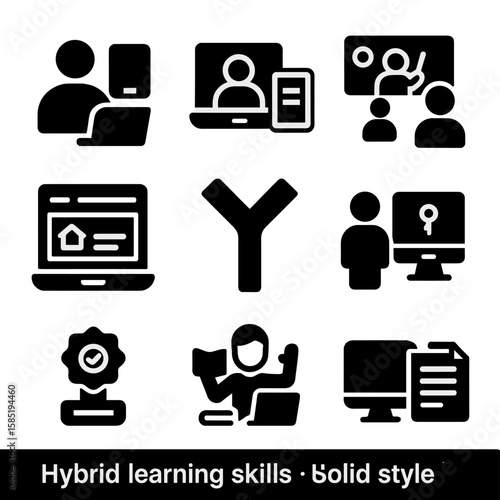 Hybrid Learning Icons. Solid style icons of hybrid learning skills: in-person and digital icon, video call with notebook, hybrid