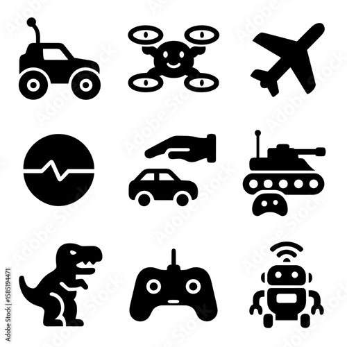 Remote Toy Icons. Solid style icons of remote-controlled toys: RC car with antenna, flying drone for kids, remote airplane icon,